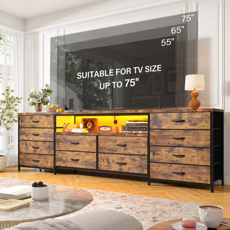 12-Drawer TV Stand Dresser with Power Outlets & LED Lights – Modern Media Console for 75 TV 1