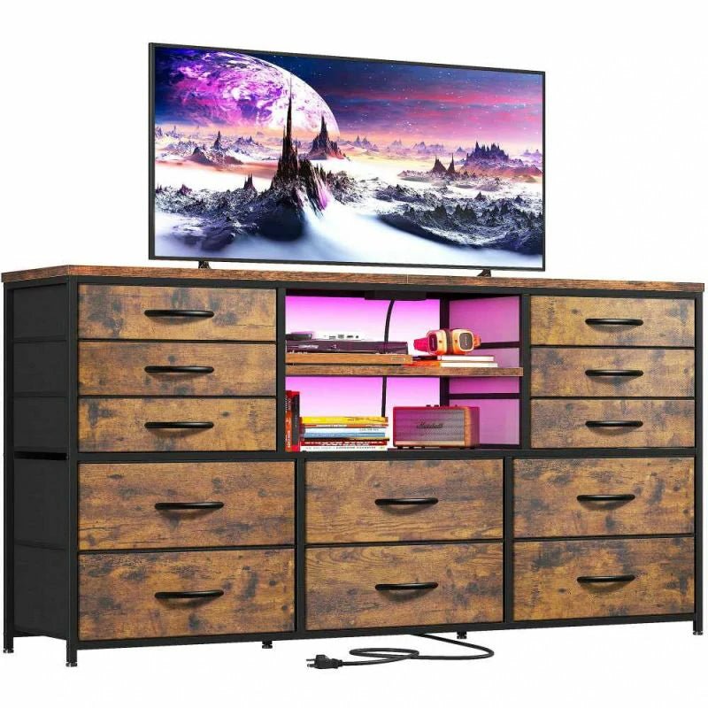 12 Drawers TV Stand for 55'' TV – Stylish Media Console with Charging Station & LED Lights for Living Room - Trendyhousehold.co