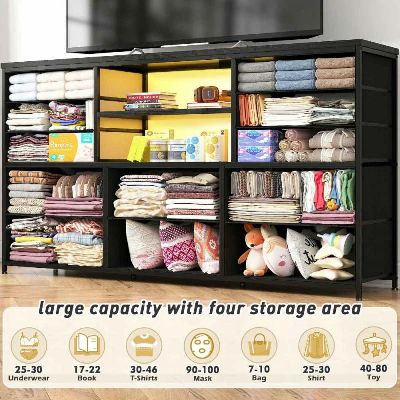 12 Drawers TV Stand for 55'' TV – Stylish Media Console with Charging Station & LED Lights for Living Room - Trendyhousehold.co