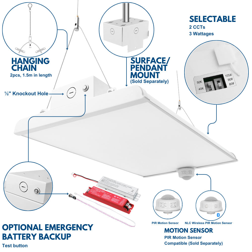 2FT LED Light Fixture 105W/90W/80W Selectable Color Temperature 16,500 Lumens 1