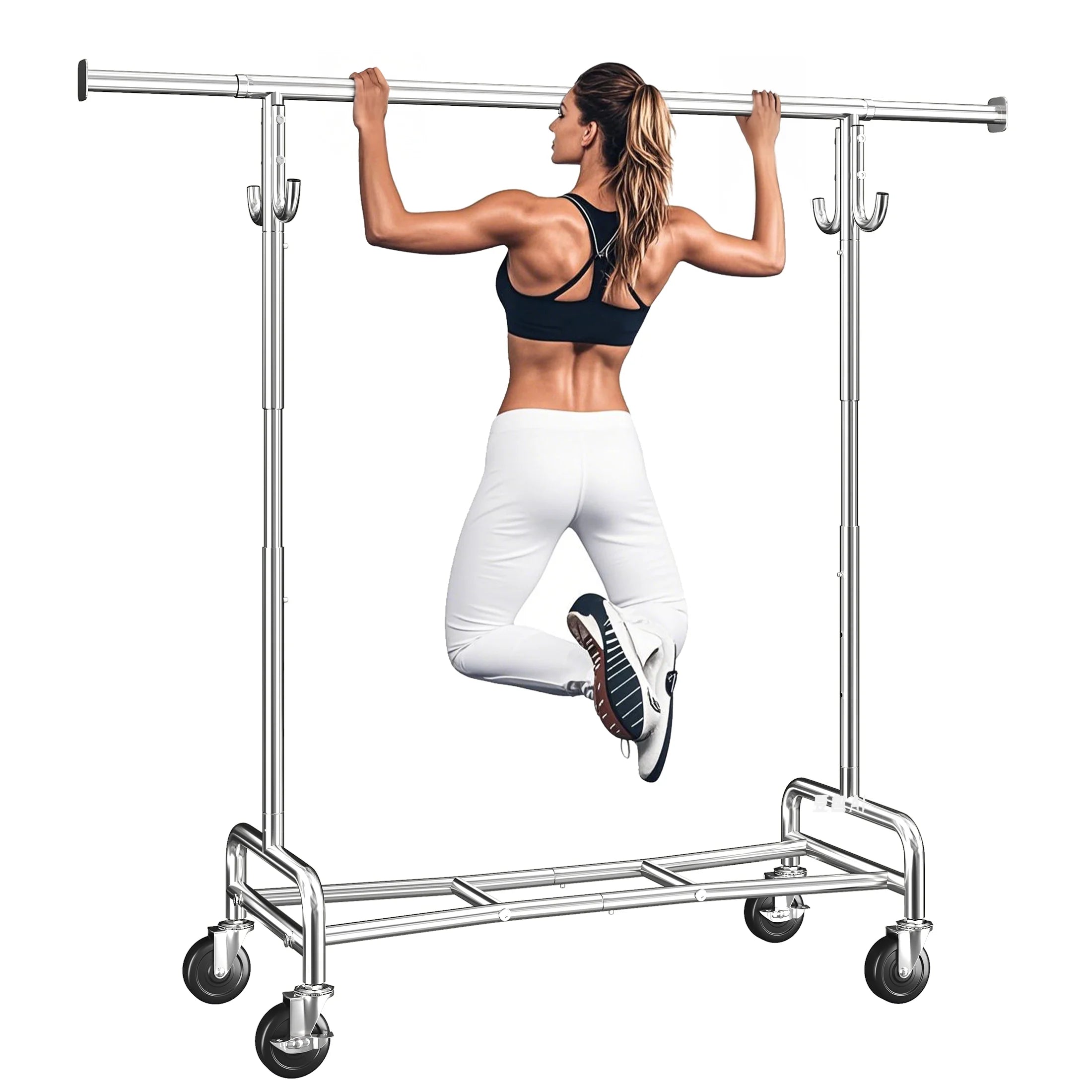Heavy-Duty Clothing Rack with Wheels, Adjustable Portable Garment Rack with Hooks 0