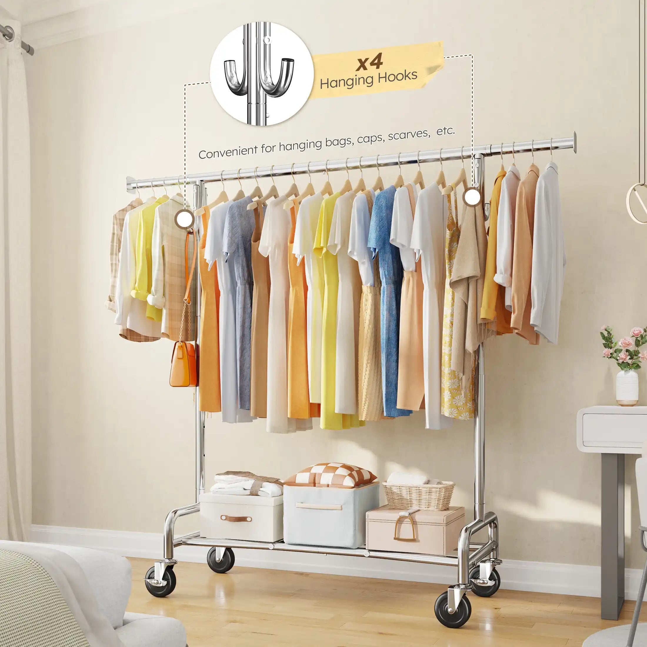 Heavy-Duty Clothing Rack with Wheels, Adjustable Portable Garment Rack with Hooks 1