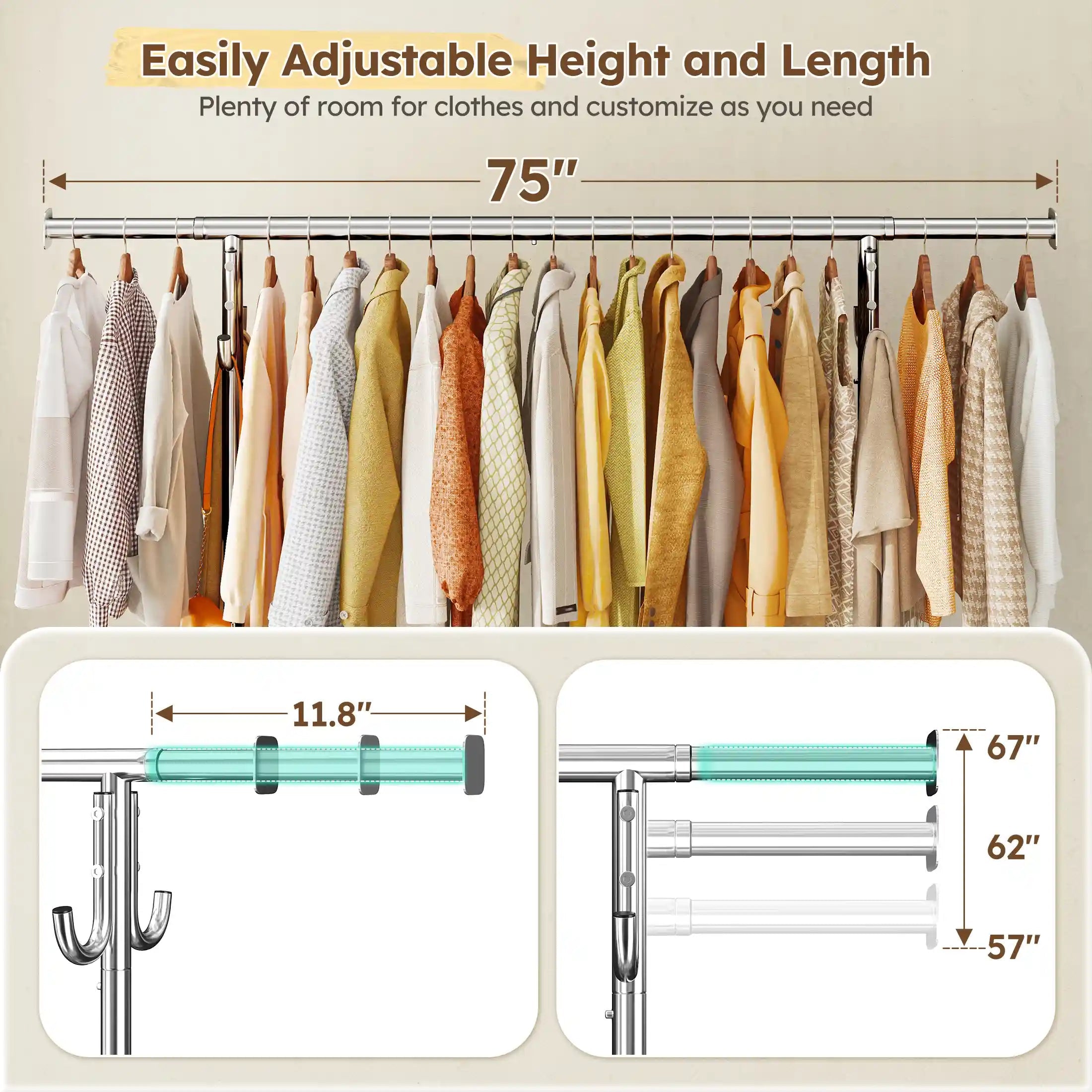 Heavy-Duty Clothing Rack with Wheels, Adjustable Portable Garment Rack with Hooks 2