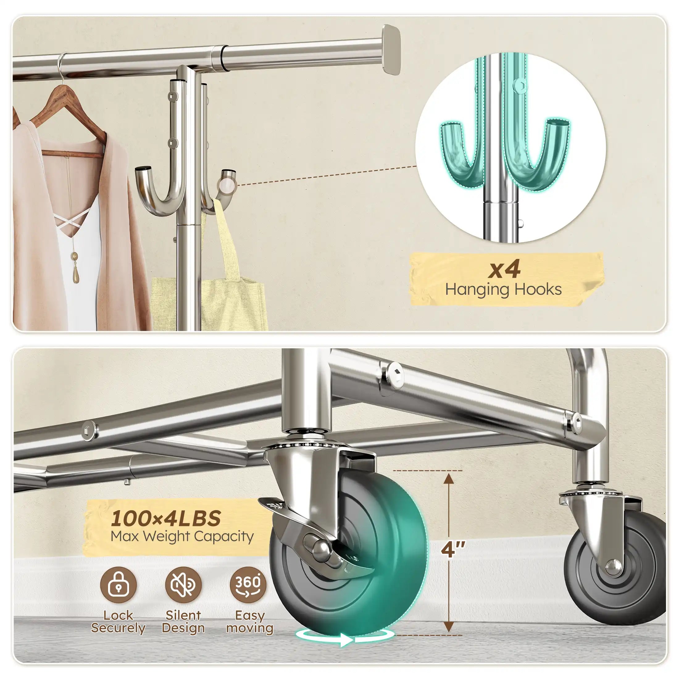 Heavy-Duty Clothing Rack with Wheels, Adjustable Portable Garment Rack with Hooks 3