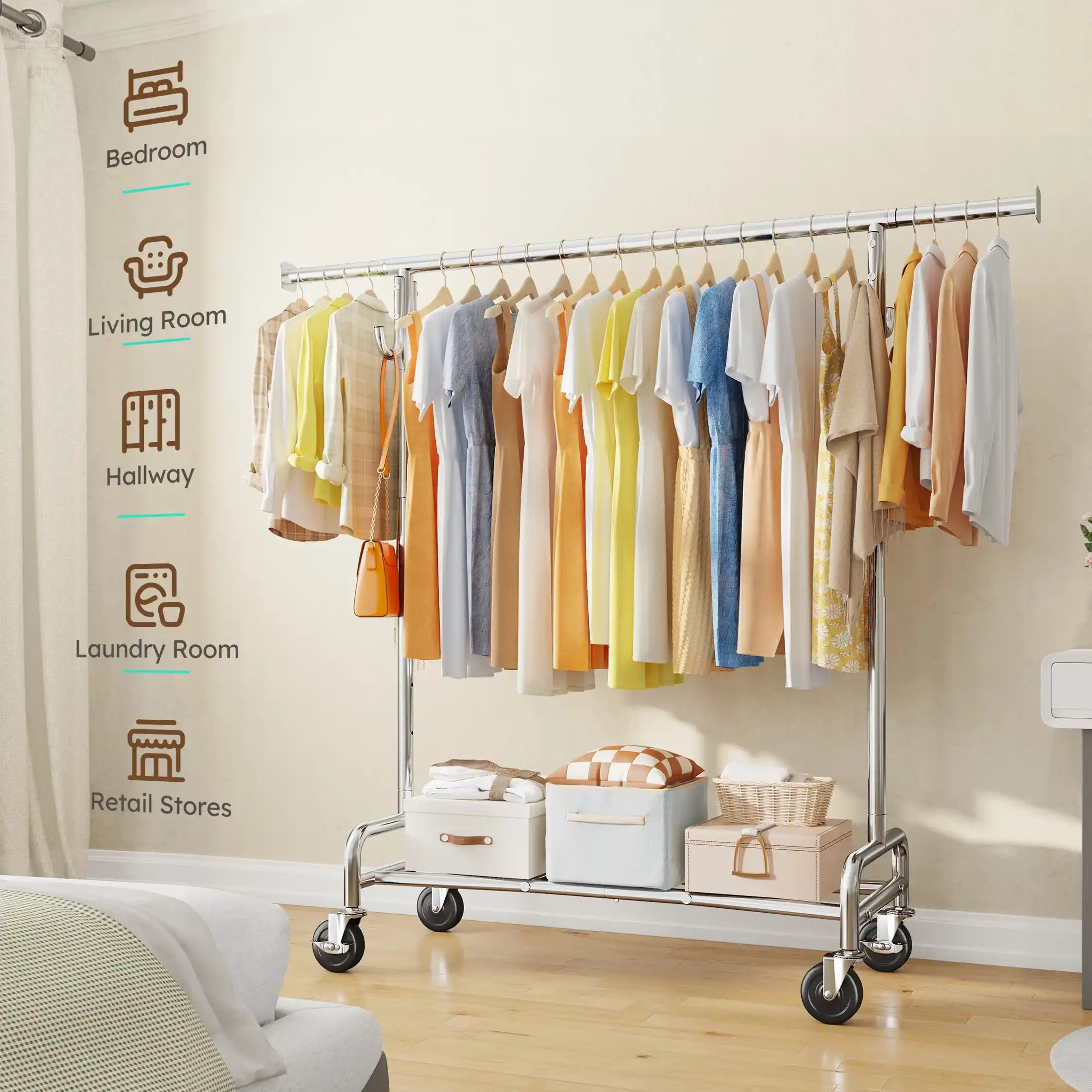 Heavy-Duty Clothing Rack with Wheels, Adjustable Portable Garment Rack with Hooks 4