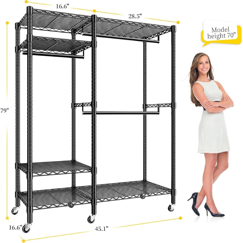 Heavy Duty Adjustable Portable Clothes Rack with Wheels for Bedroom Storage 1