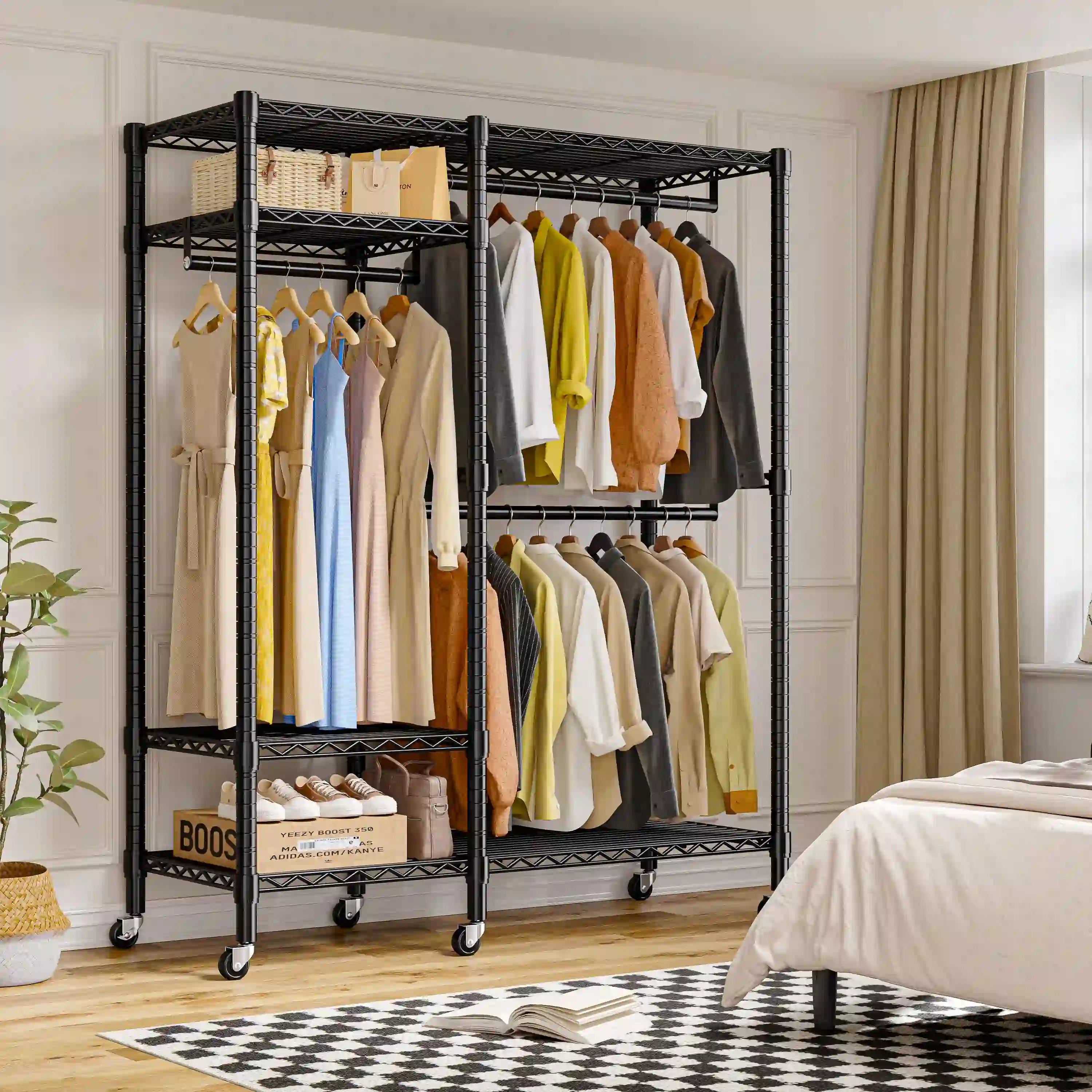 Heavy Duty Adjustable Portable Clothes Rack with Wheels for Bedroom Storage 6