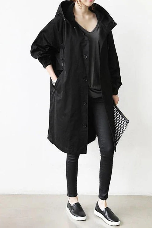 Hooded Waterproof Black Trench Coat for Women - Stylish & Functional Outerwear for All Weather 1