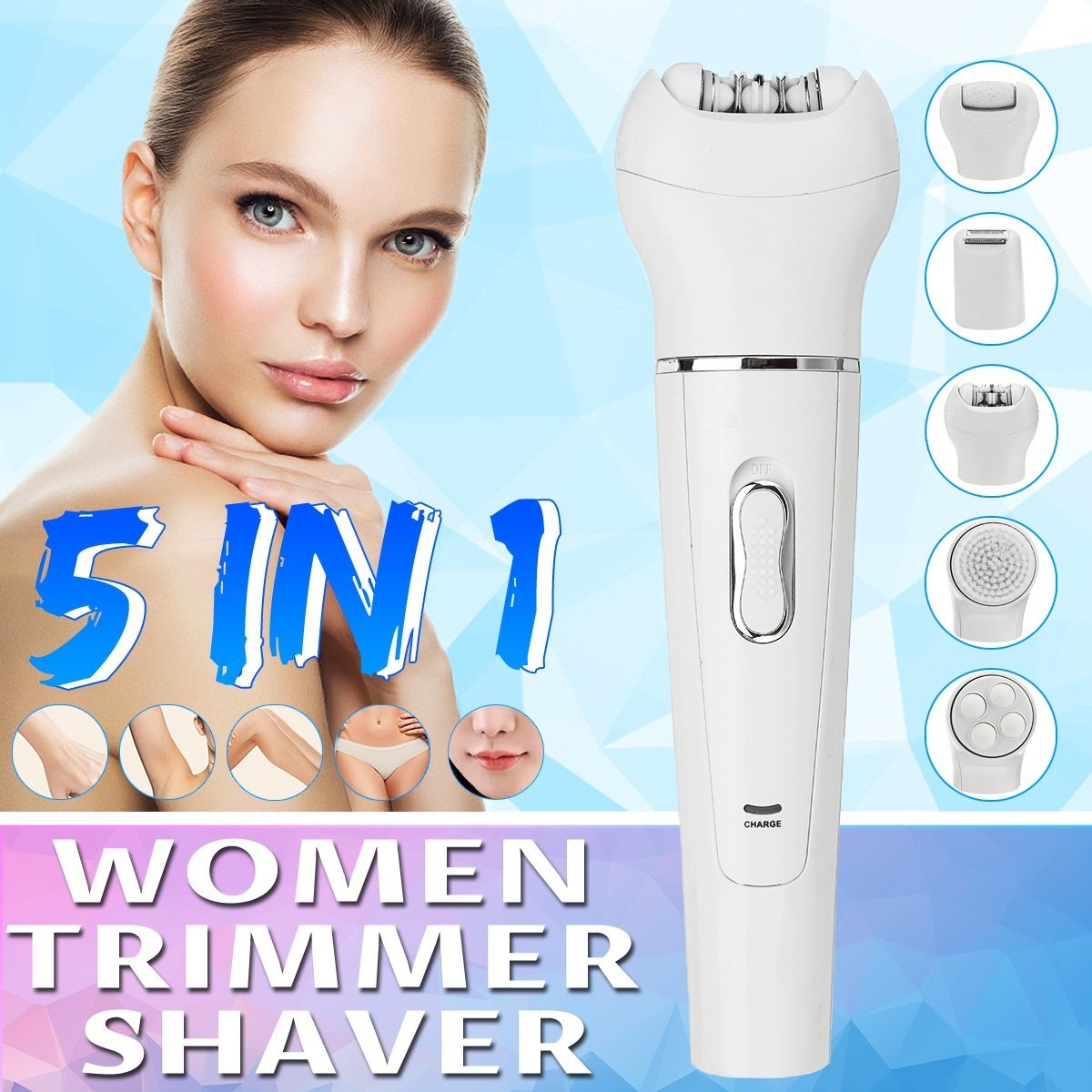 Hair Removal 5 in 1 Epilator with Facial Cleansing Brush Leg Shaver Bikini Trimmer Eyebrows Cordless Electric Skin Care