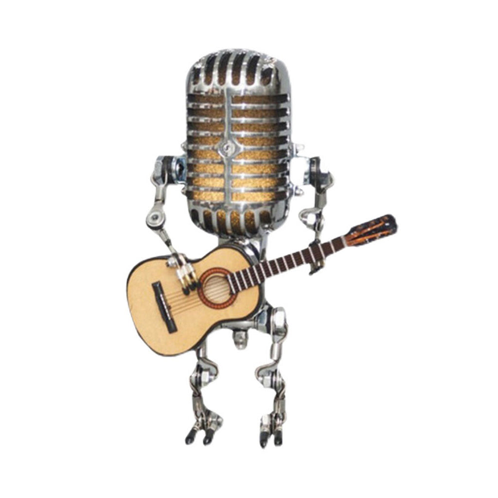 Vintage Metal Microphone Robot With Guitar Table Lamp